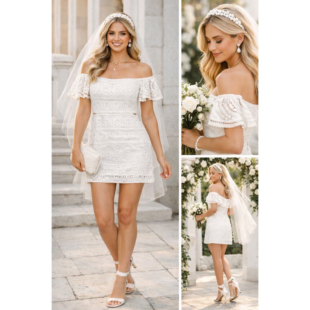 Roz & Ali White Lace Off Shoulder Mini Dress Large Bridal‎ Coquette Cottagecore